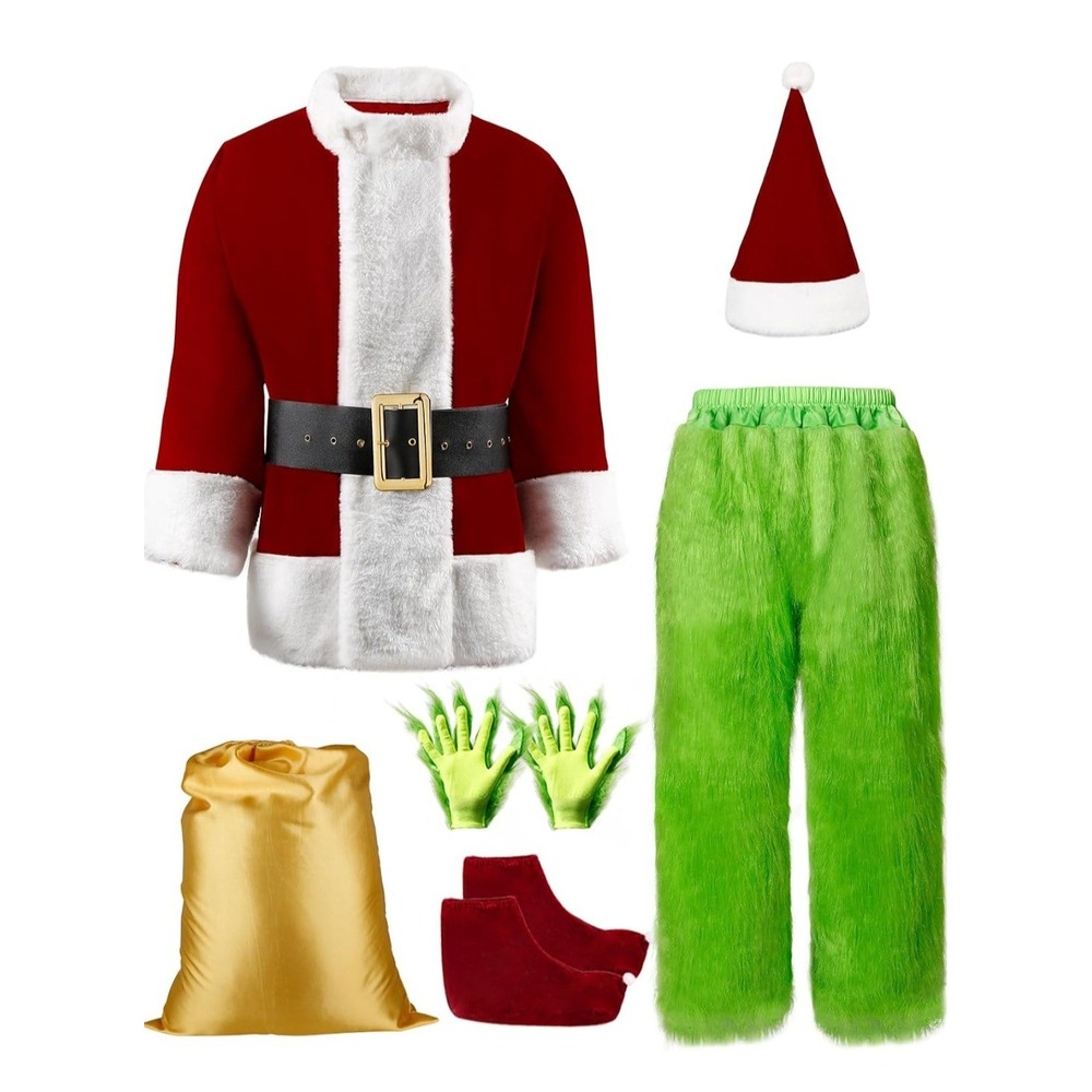 8pc Christmas Grinch Santa Costume Set Red Velvet Jacket Pants Hat